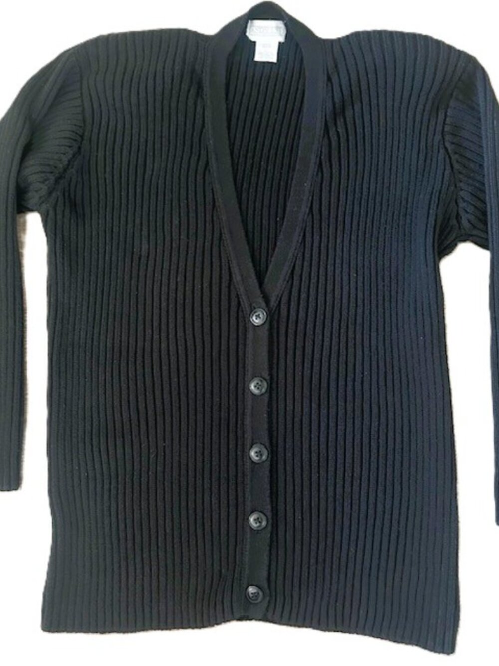 Lands End Cardigan Ladies Large Black Long Rib Buttoned Removable Shoulder Pads